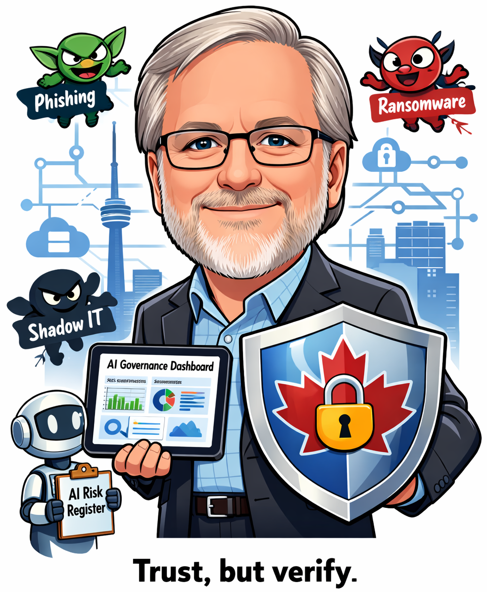 Illustrated portrait of John Pinard with cybersecurity and AI governance imagery and the words Trust, but verify.